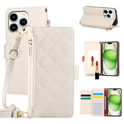 Elegant Leather Zipper Wallet Case with Magnetic Buckle Cover - iPhone 15 Plus (Beige)