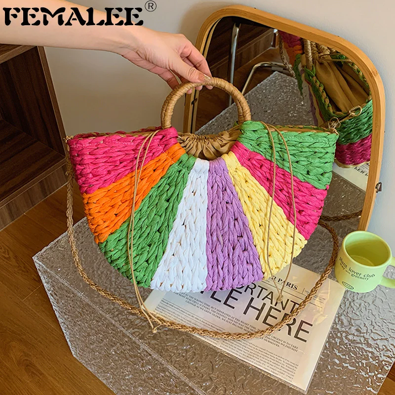 

Женская плетеная сумка ручной работы FEMALEE, красочная соломенная дорожная пляжная сумка для покупок на лето