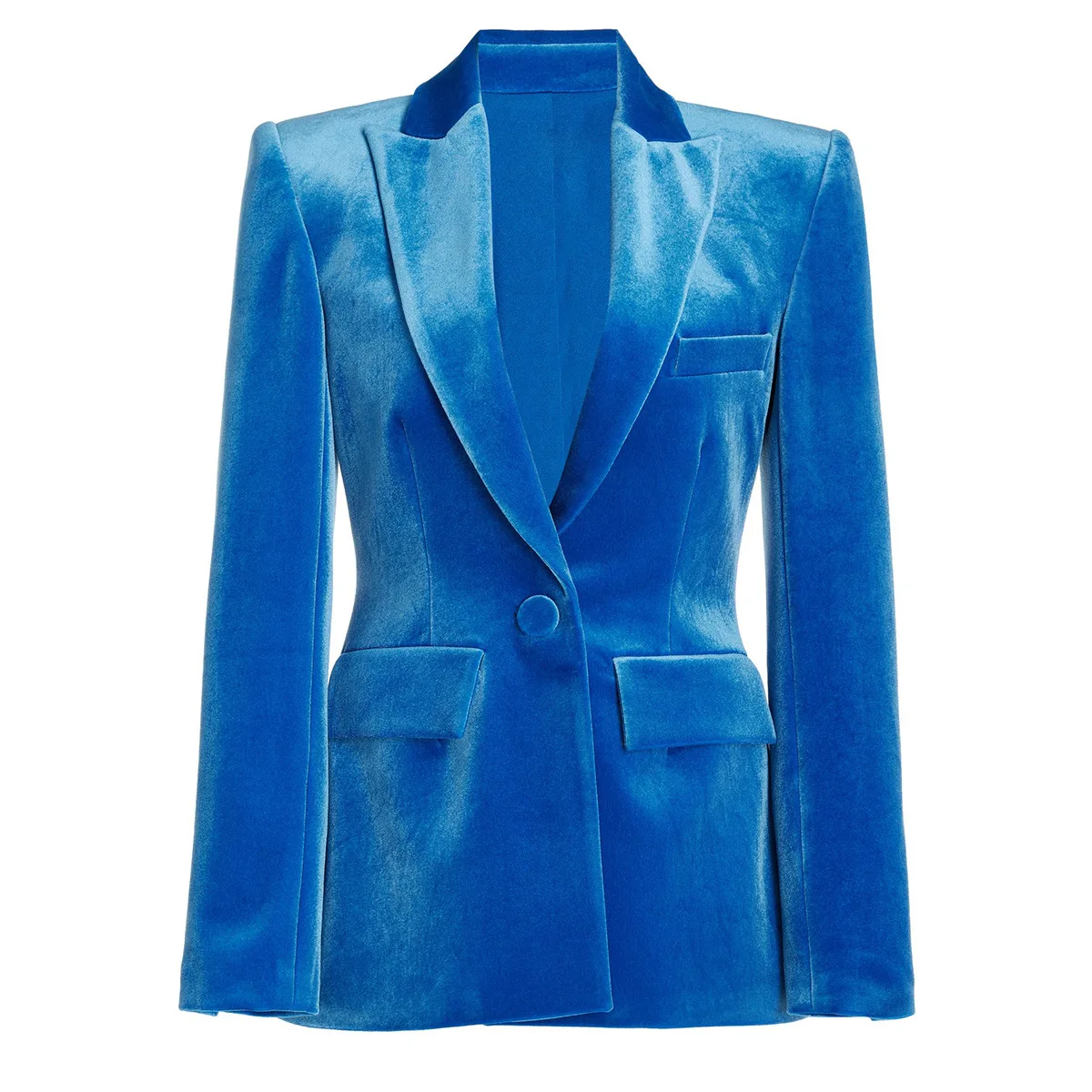 Tesco-Women's Velvet Slim Fit Blazer, Blue Single Button Coat, High Street Style Women's Top Clothes, Spring, Autumn
