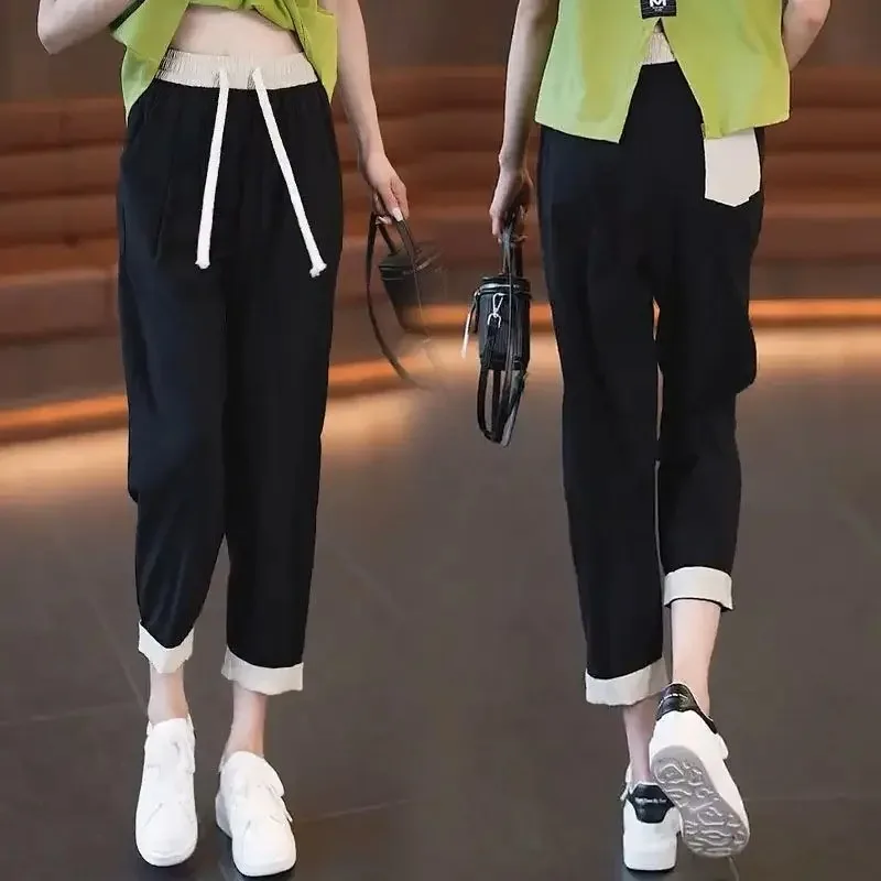Summer 2023 New Ice Silk Trousers Casual Loose Drawstring Smoke Pipe Straight Tube Elasticity Waist Fashion Womens Pants