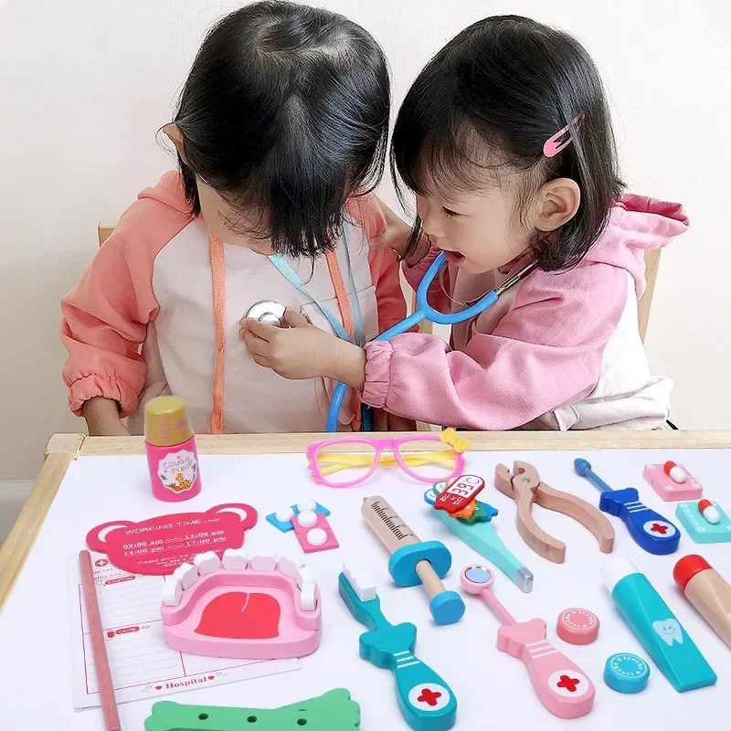 Doctor Toys for Children Set Kids Wooden Pretend Play Kit Games for Girls Boys Red Medical Dentist Medicine Box Cloth Bags Gifts 2
