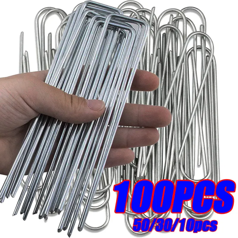 U-type Garden Staples Heavy-duty Fence Tubing Stakes Sod Pins Galvanized Landscape Spike for Holding Lawns Barrier Ground Nail