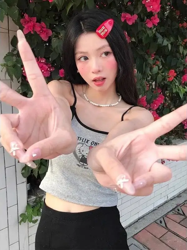 Sexy Modal American Hot Girl Kit Print Strap Vest Women's Summer Svel Pure Desire Tie Dye Tank Top ort Length