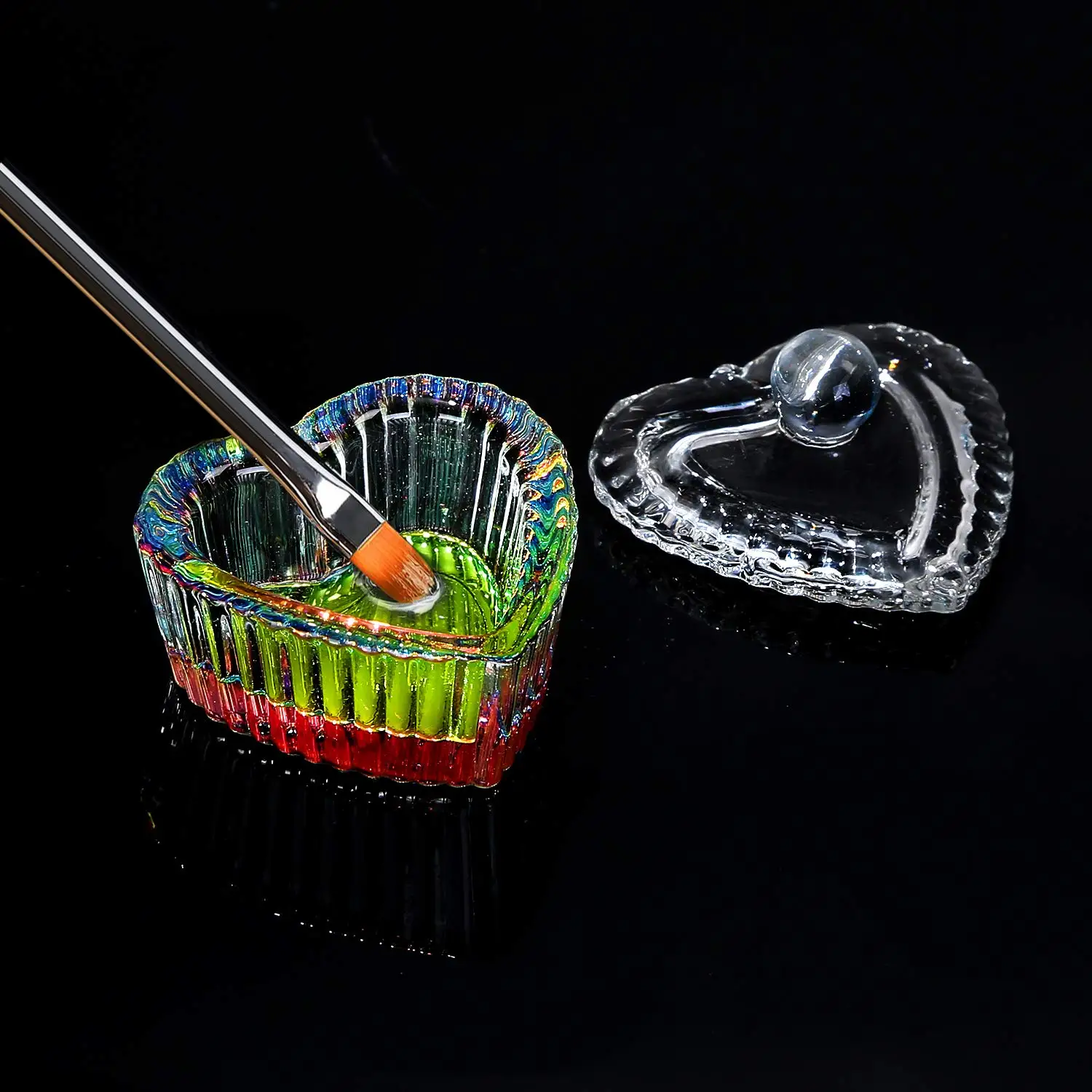 

1pc Heart Cup Acrylic Liquid Dish Rainbow Crystal Clear Crown Color Plating Glass Cup with Lid Bowl for Acrylic Powder Nail Tool