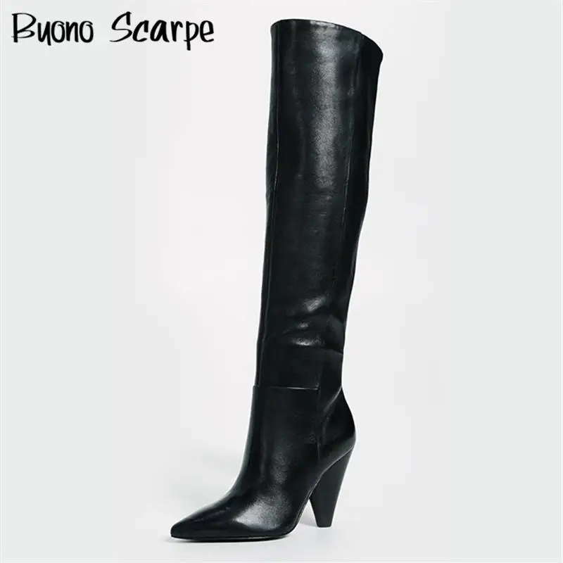 

Genuine Leather Designer Large Size Knight Boots Women Fashion Pointed Toe Spike High Heel Knee High Boots Cat Walk Ladies Shoes