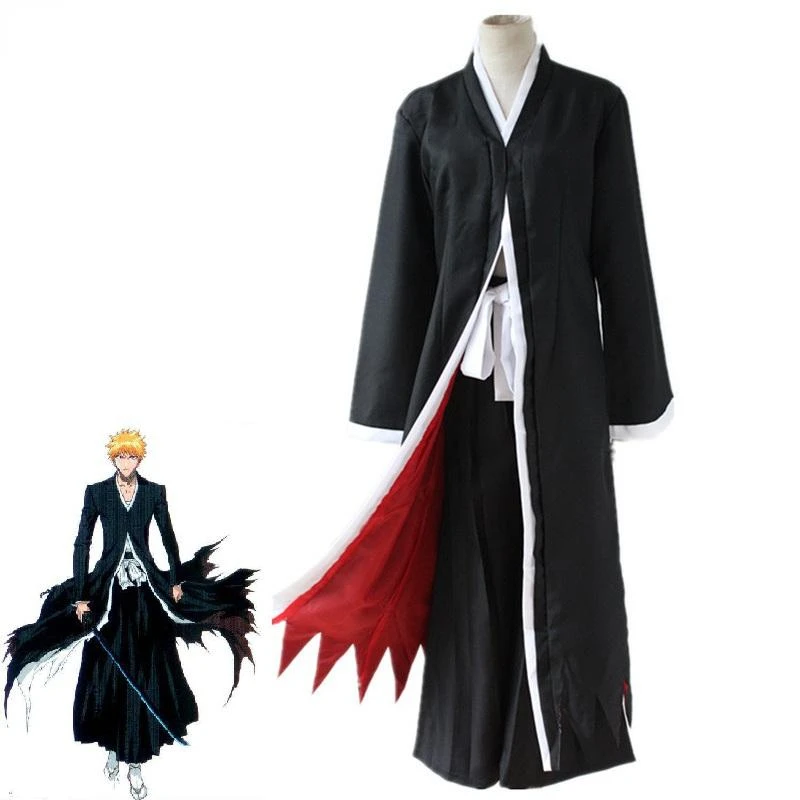 

Japanese Anime Bleach Cosplay Costume Kurosaki Ichigo Black Cloak Samurai Pants