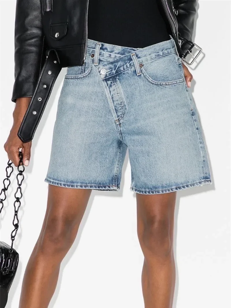 women-denim-shorts-asymmetrical-oblique-buttons-summer-new-fashion-straight-high-waist-short-jeans