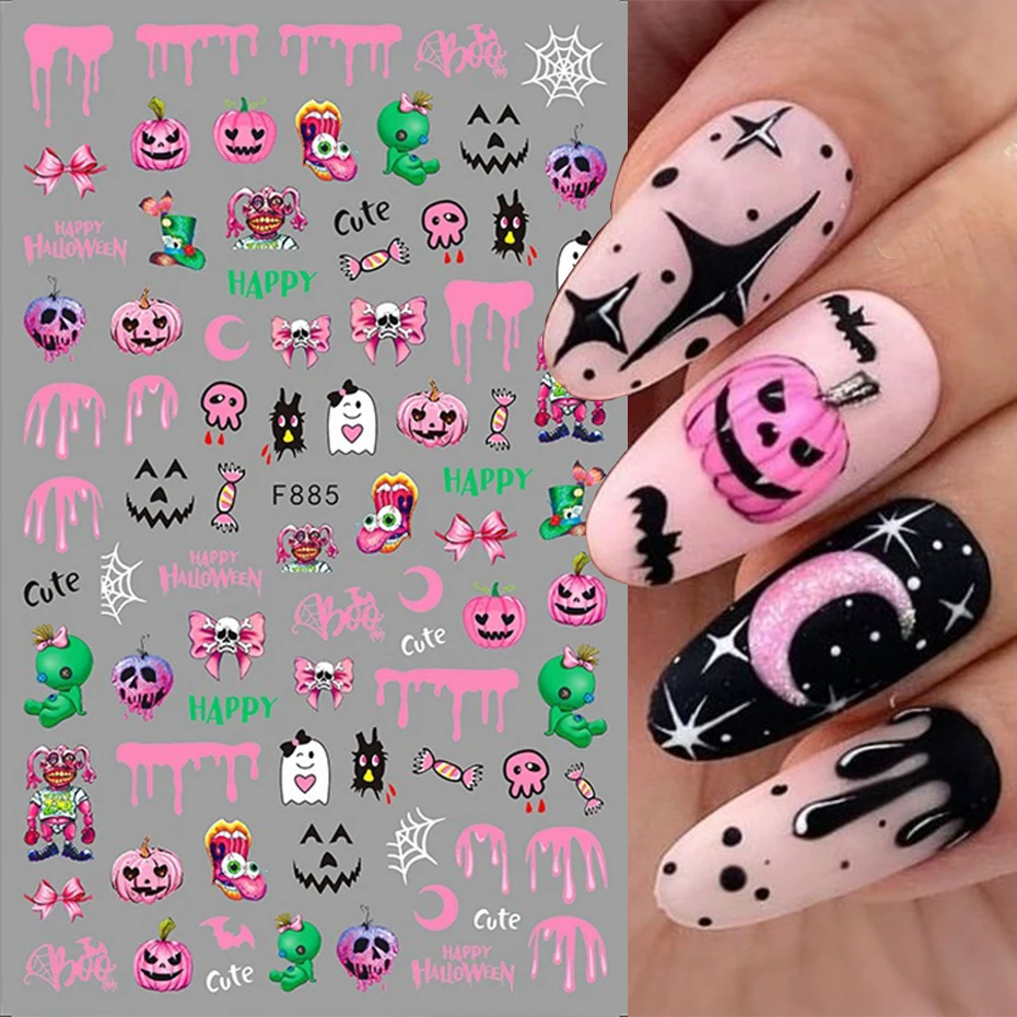 

Halloween Pink Pumpkin Nail Stickers 3D Cute Skull Ghost Nail Slider Evil Eye Spider Nail Decals Art Decorations Manicure