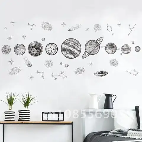 

Europe Style New Cartoon Cosmic Planet Galaxy Wall Sticker for Kids Room Learning Outer Space for Living Room Art Decals PVC