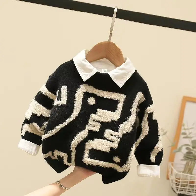 Children\'s Clothing Boys\' Sweater 2022 Autumn and Winter Children\'s Mink Fur Pullover One-Piece Sweater Fashionable Top