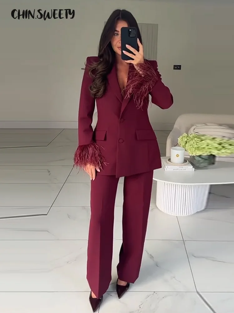 Costume Blazer et pantalon pour femmes, plumes élégantes, manteau à boutons à revers, pantalon droit à jambes larges, ensemble pour dames, tenues féminines d'automne 2025