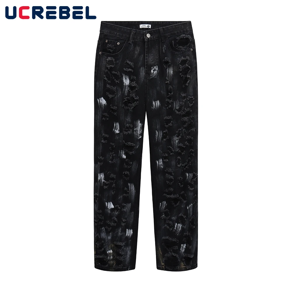 

Washed Splash Ink Denim Pants Mens Streetwear Hip Hop Ripped Hole Loose Straight-leg Pants Men Jeans
