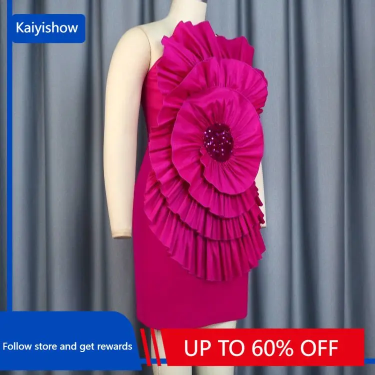 

Sexy One Shoulders 3D Flowers Diamonds Pencil Dress Evening Party Dress Women Elegant Short Sleeve Backless Bodycon African Gown