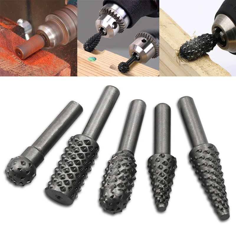 

5pcs 1/4" 6.35mm Round Shank Rasp File Drill Bits Rasp Set Drill Grinder Drill Rasp For Woodworking Carving Tool Rotary Burr Set