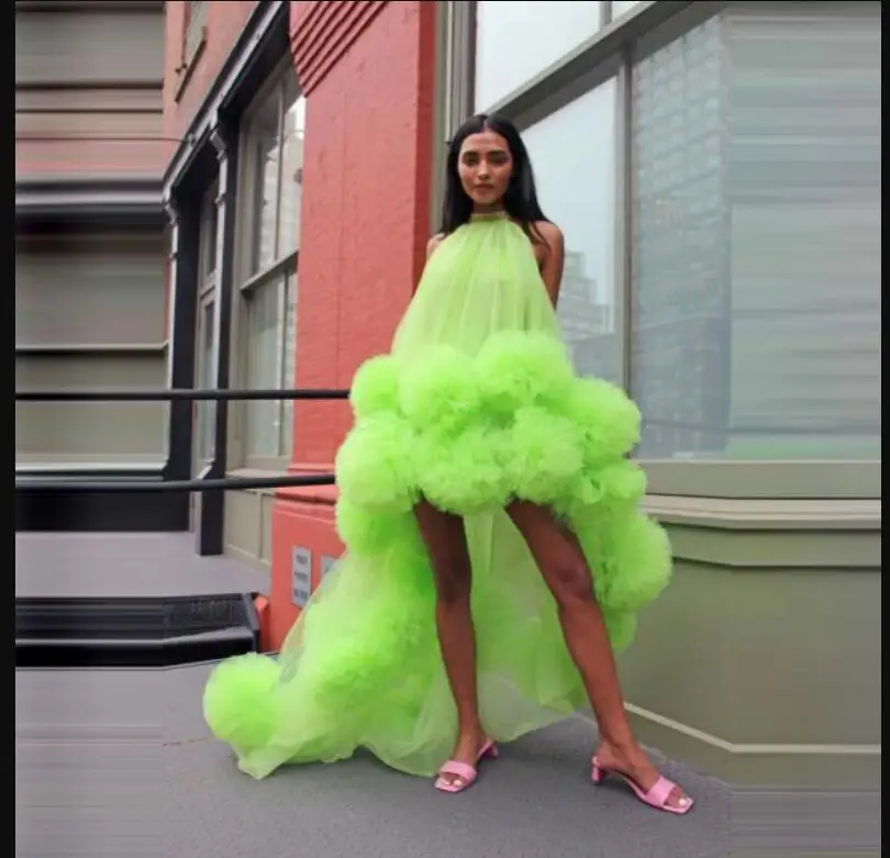 Neon Green Sexy Long Evening Formal Dresses robe de soiree Hi Low Ruffle  Tulle Elegant Evening Gown Halter Party Dresses - AliExpress 320