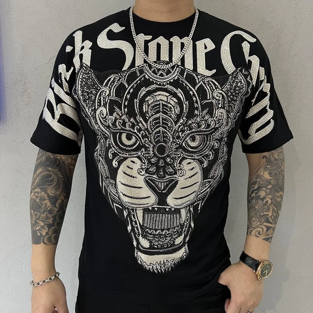 

Europe 2023 summer high-end hot diamond tiger short sleeve t-shirt men's fashion casual printing handsome youth half sleeve