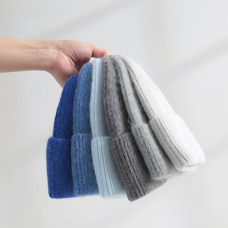 Fluffy Angora Hat Rabbit Fur Warm Winter hat For Womans Cashmere Wool Soft Beanies Blue Knitted Hat Outdoor Ski Female 2