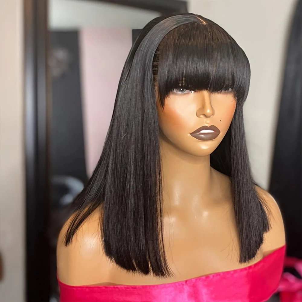 Short Bob Wigs With Bangs Straight Human Hair Wigs 3x1 Middle Part Lace Wig Wear And Go Glueless Human Hair Wig Fringe Bob Wigs