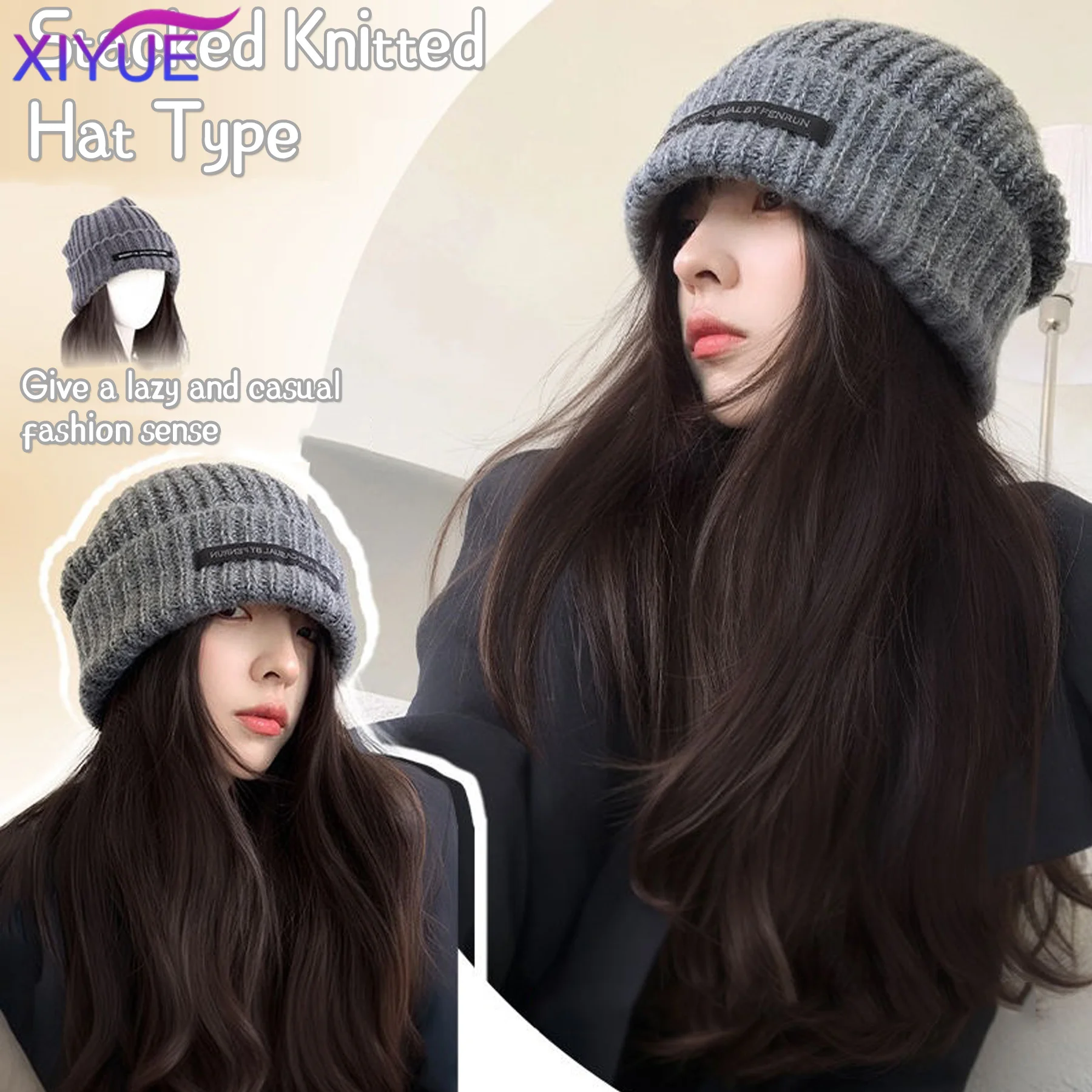 Blonde Unicorn Hat wigs Cap with Hair Hat Wig Brown Body Wavy Wig Connect Synthetic Hair Women Daily Party High Temperature
