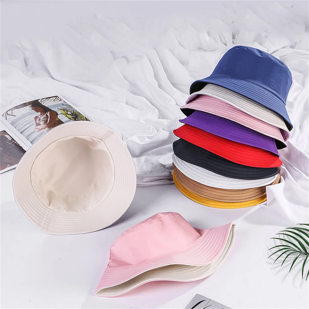 Foldable Cotton Bucket Hats Unisex Double-sided Wearing Women Summer Sunscreen Panama Hat Men Pure Color Outdoor Fisherman Cap 2