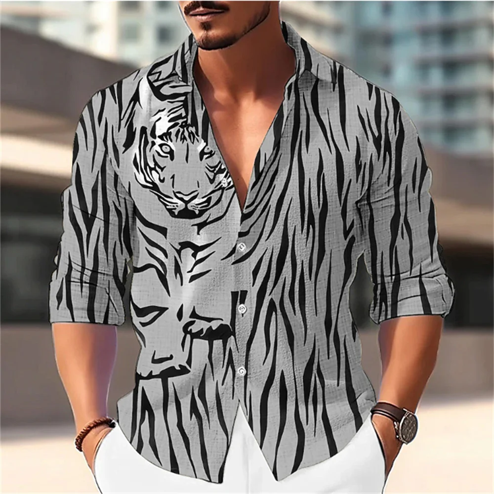 Tiger print high-definition pattern long sleeved shirt fashion men's casual outdoor designer men's high-quality button top 2023 fashion pants jeans men alloy smooth buckle green tiger pattern gold silver diamond leopard head versatile s leather belt