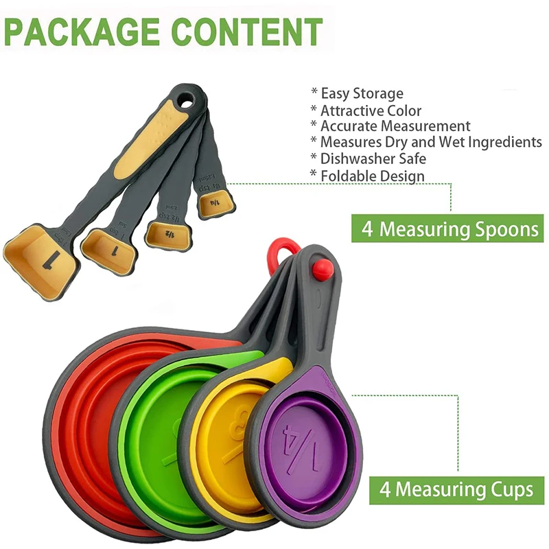 4/8Pcs Silicone Measuring Cup Measuring Spoon Collapsible Baking Measuring Tool Set for Coffee Flour Honey Sugar Baking Spoon