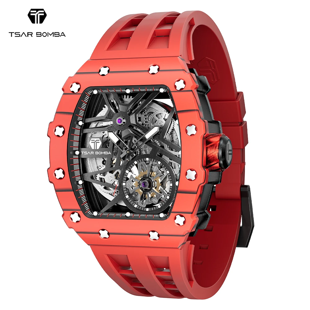 

TSAR BOMBA Automatic Watch for Men Luxury Carbon Fiber Mens Wristwatch Sapphire Glass Skeleton Clock