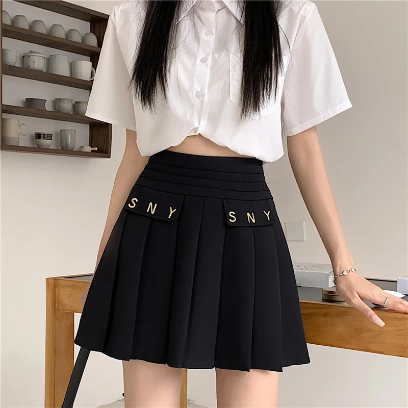 

Metal Letters Pleated Skirts Women High Waist Mini Skirt A-Line Zipper Streetwear JK Korean Shorts Skirt Clubwear Sexy Harajuku