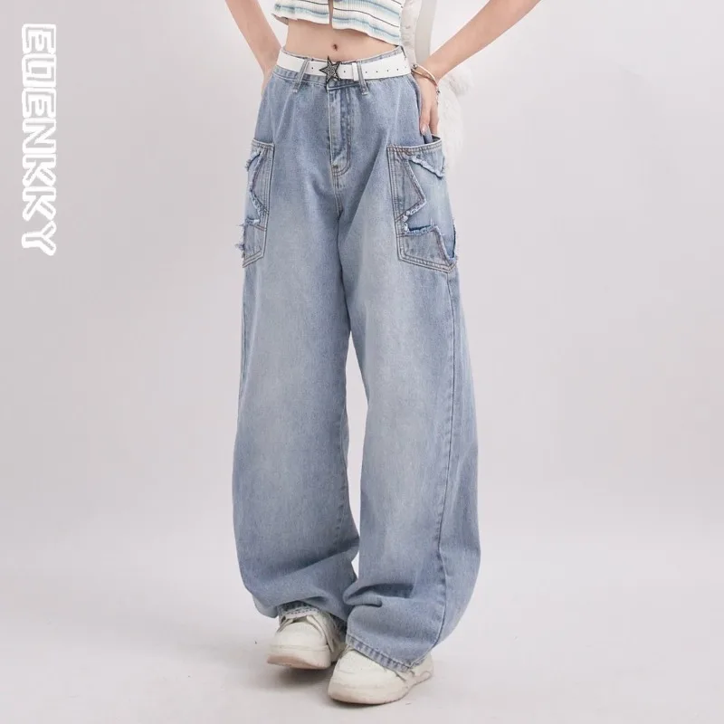 

American Retro Jeans Women Star Patch Pocket Jeans Straight Leg Wide Leg Casual Pants Harajuku Y2k High Waisted Blue Trousers