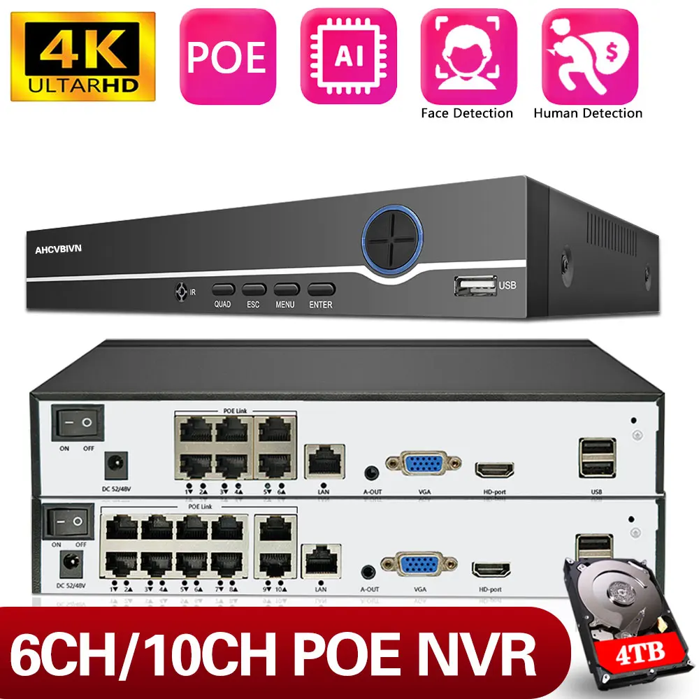 

6/10 Channel 4K Smart POE NVR For 1080p/3MP/4MP/5MP/6MP/8MP/4K IP Cameras POE Network Video Recorder Supports Up To 6/10X 8MP/4K