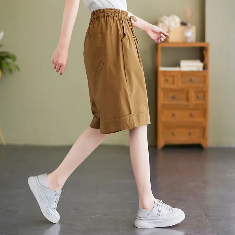 Retro Summer New Knee Length Pants Women's Cotton Solid Straight Pockets Loose Casual Versatile Elastic Waist Wide Leg Trousers