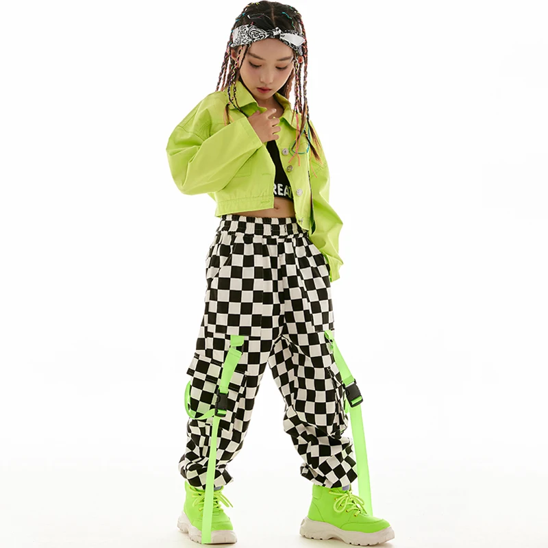 Girl Dance Costume Children Costumes Hip Hop Costume Jazz Dance Kpop Outfit Stage Wear Fashion Girls Clothes Green Jacket Checkered Pants Long Sleeves Kids