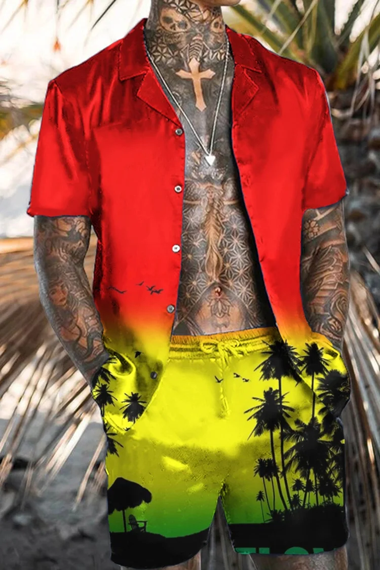 New Fashion Hawaiian Print Short Sleeve Shirt Set Men's Beach Coconut Print Shorts Men's Daily Beach Shirt Two-piece 5
