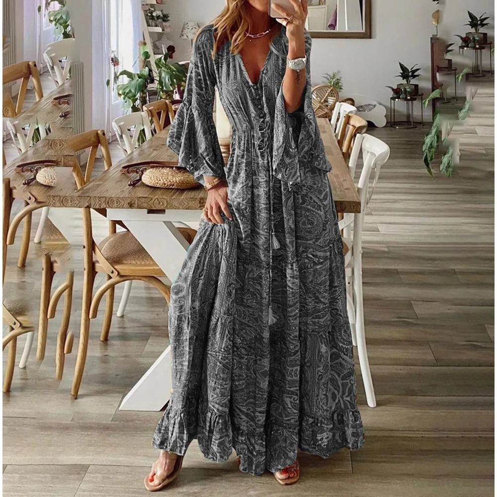 

Women Bohemian Beach Dress Commuting Summer Casual V-Neck Long Sleeve Dresses Female Vintage Floral Print Long Dress Vestidos