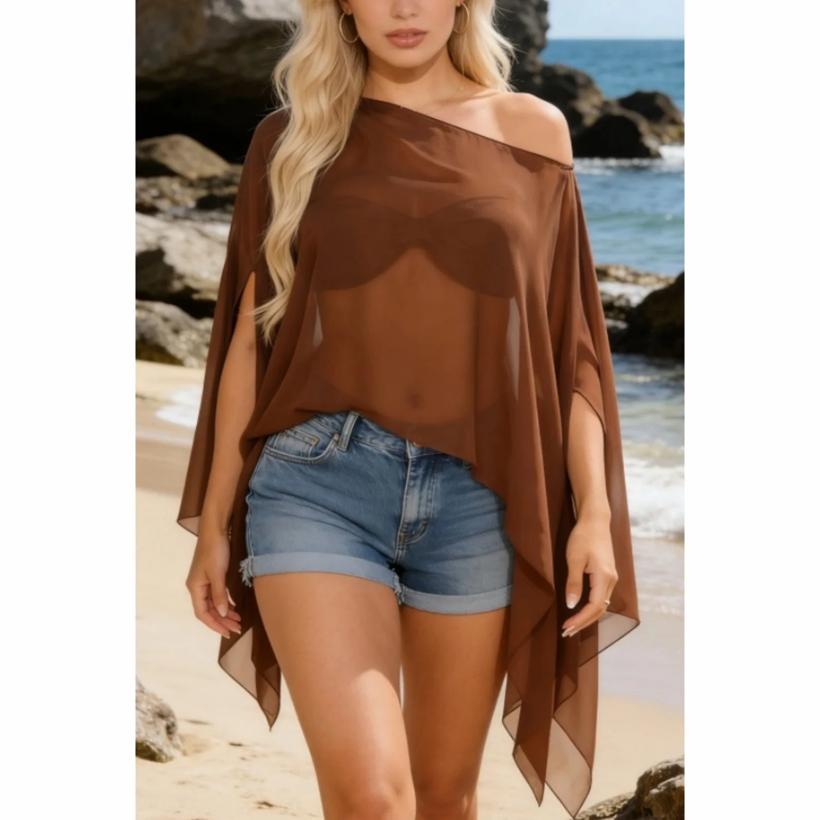 Lamuusaa y2k Women Poncho Tops Solid Color Off One Shoulder Loose Fit Split Sleeve Sheer Cape Shawl Bikini Cover Ups Beachwear 1