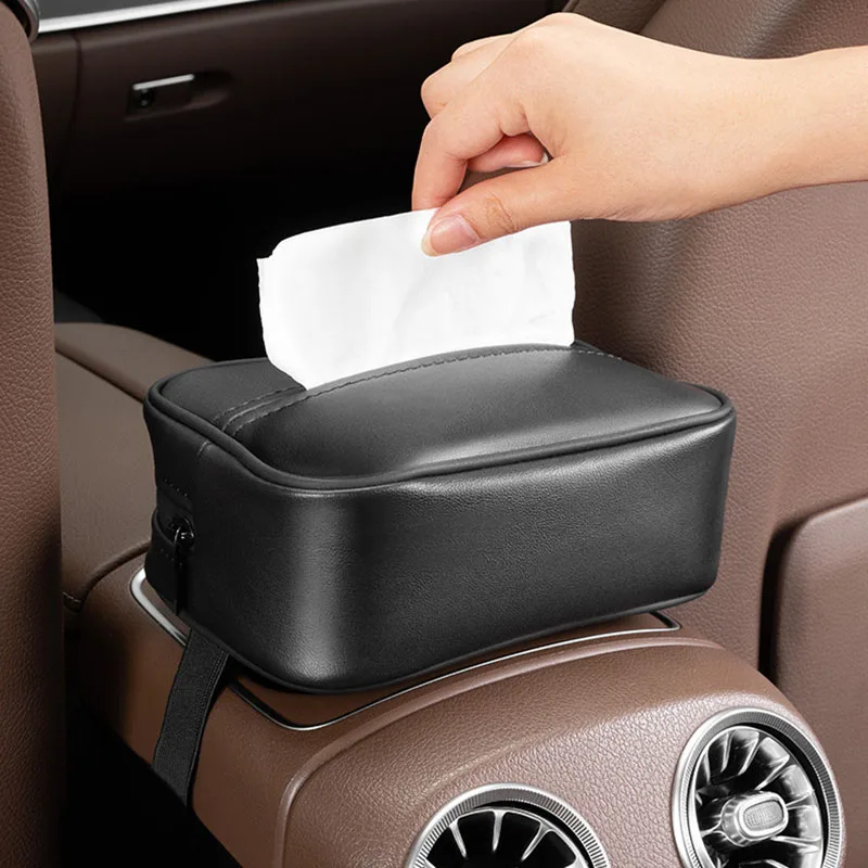 

Car Tissue Box PU Leather Center Console Armrest Napkin Box Sun Visor Backseat Tissue Case with Fix Strap Accessories Interiors