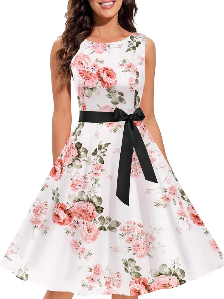 

O-Neck High Waist Floral Print Vintage Dress Elegant Summer Women Sleeveless Casual Holiday Tunic