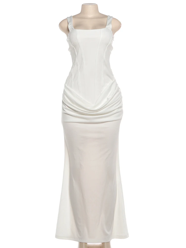 Nibber Fake Fake Decoration Maxi Dress Sleeveless Backless Low-Neck Folds Elegant Banquet Simple Classic Skinny Chic Vestidos