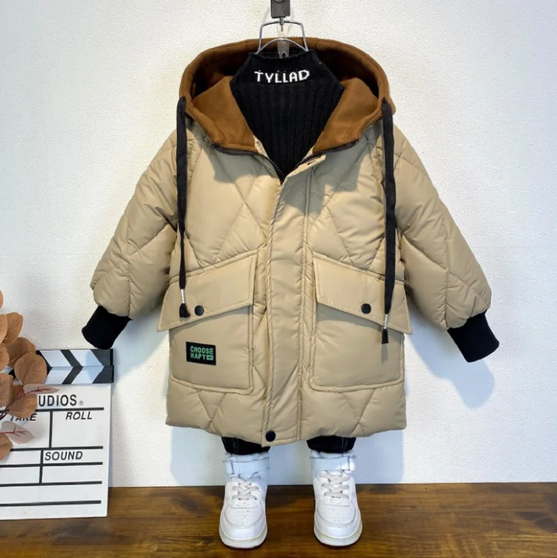 

Children's Outwear Coat Winter Jackets For Boys Hooded Thick Cotton-Padded Toddler Boys Parka Solid Korean Kids Clothes 4-12Yrs