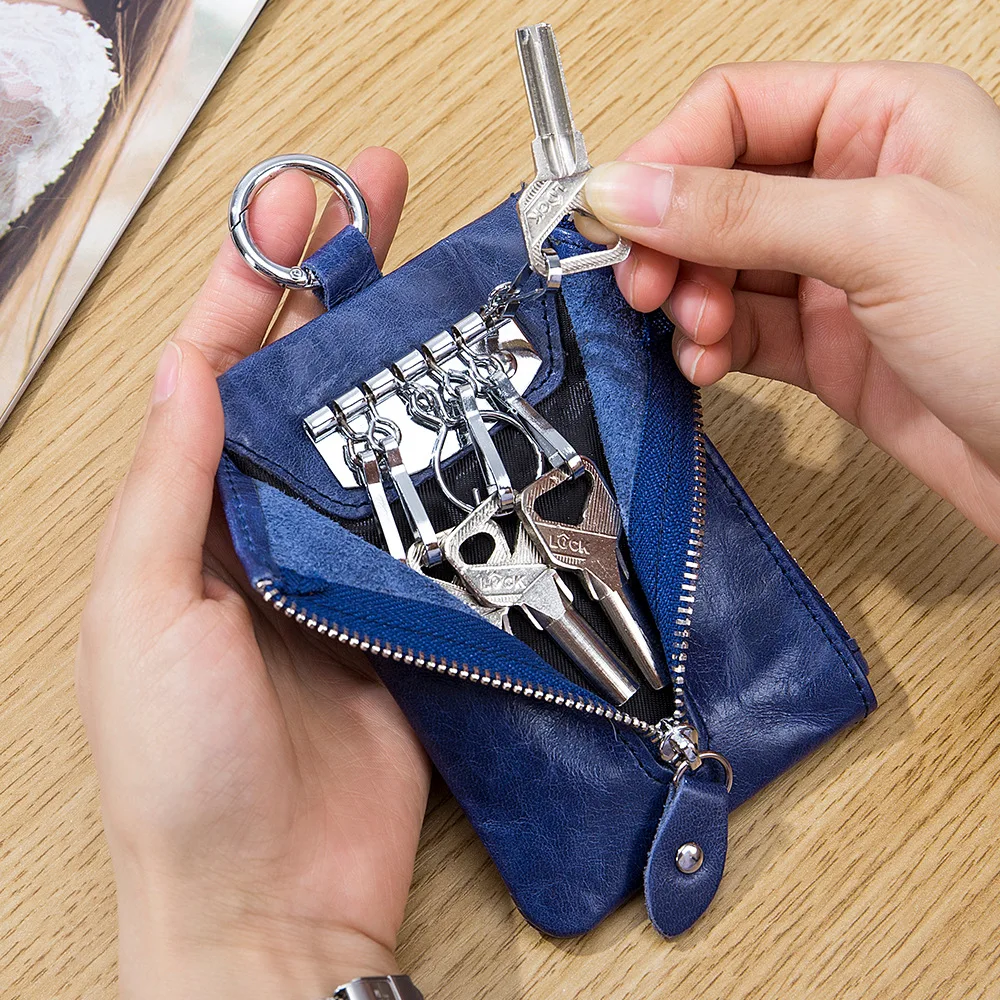 Multi-function Leather Key Wallets Unisex Coin Bag Zipper Protection Keys Holder Storage Leather Texture Pouch Practical Solid