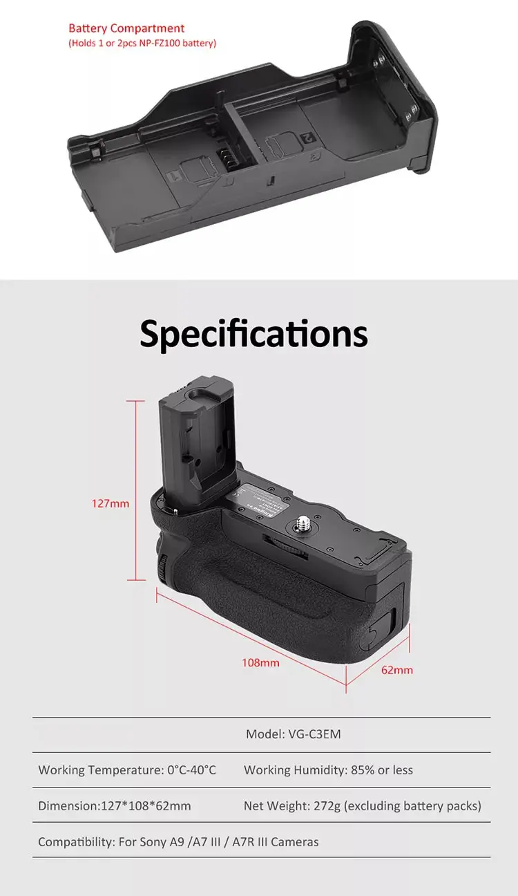 Description Picture 6 of itemA7R3 Battery Grip VG-C3EM Vertical Grip for Iconic Brand A7R III A7RIII A7RM3 A7R3 ILCE-7RM3 Vertical Battery Grip