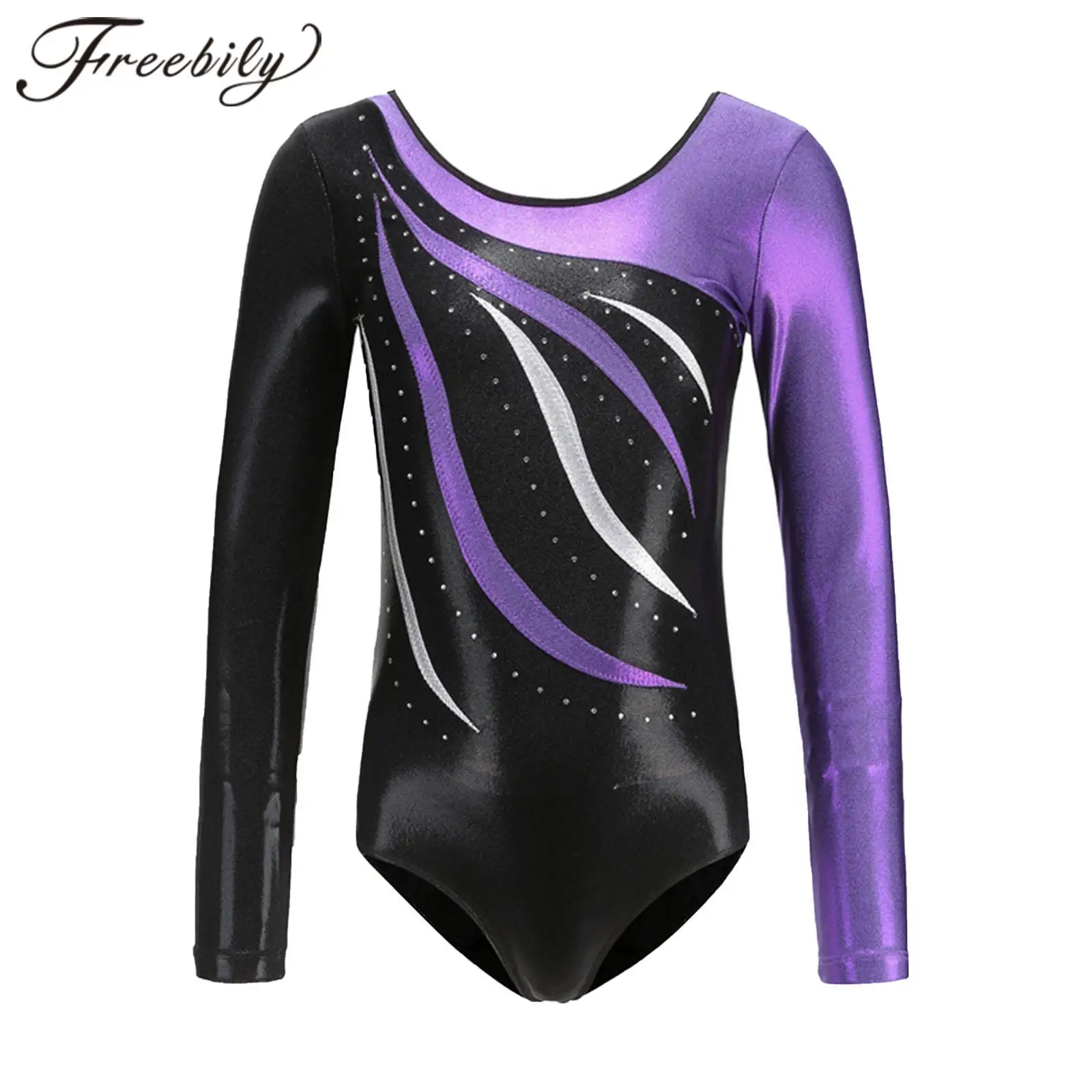 

Kids Girls Sparkling Gymnastics Leotard Figure Ice Skating Jumpsuit Child Long Sleeve Metallic Patchwork Ballet Dance Bodysuit