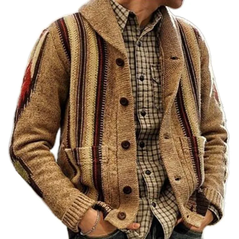 Men's Sweater Cardigan 2023 Autumn/Winter New Charm Retro Fashion Lapel Print Large Size Woolen Coat