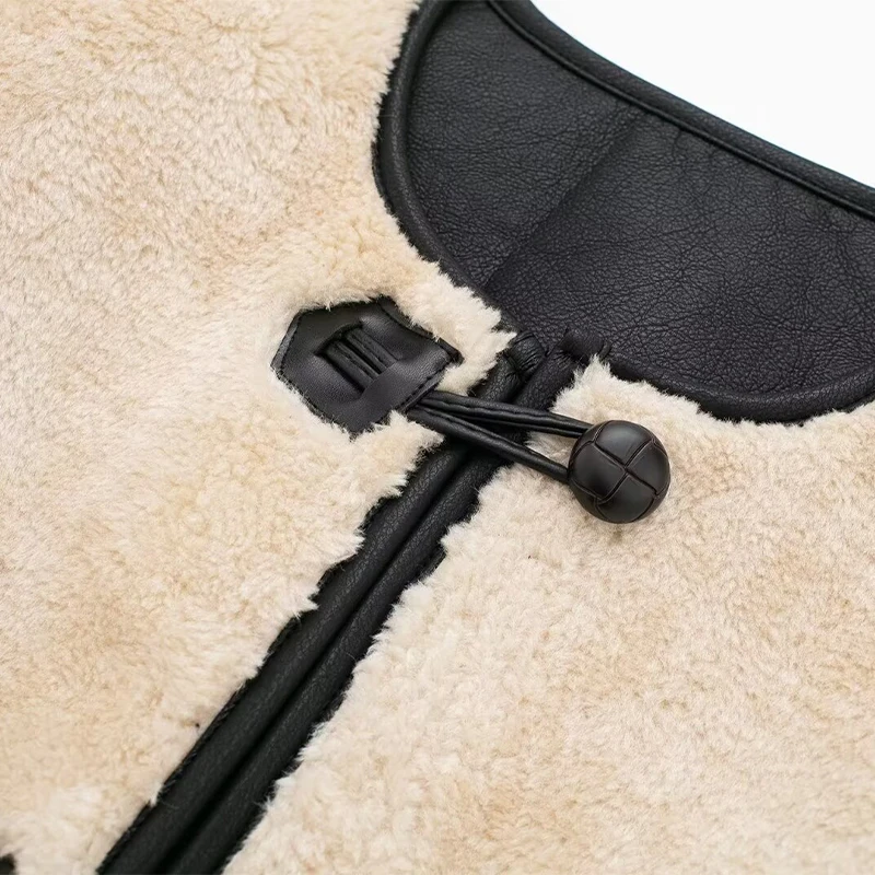 Vintage Lambs Wool Jacket For Women Loose Fleece O-neck Single Breasted Pockets Long Sleeve Fur Coat Autumn Winter Lady Outwear