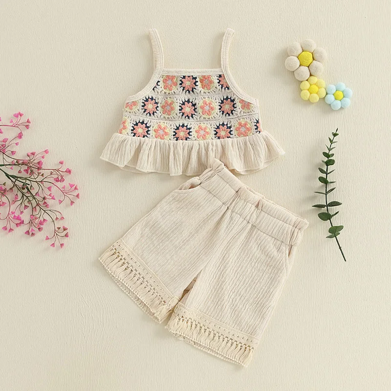 Description Picture 6 of itemSummer Infant Baby Girl Floral 2 Pcs Clothing Set Fashion Toddler Ruffled Trim Sleeveless Tank Tops and Tassel Shorts Clothes