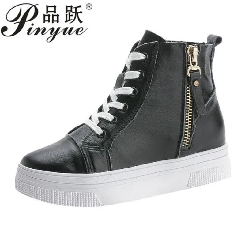 

5cm Women Genuine Leather Hidden Wedge Sneakers Platform Shoes zipper High Heels Sneakers Woman Casual White Trainer shoes 35 40