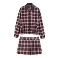 Winter new women's clothing European and American leather effect checkered lapel jacket checkered wide pleated skirt pants set