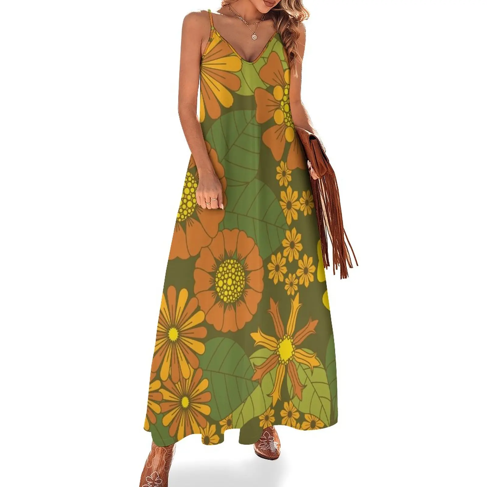 

New Orange, Brown, Yellow and Green Retro Daisy Pattern Sleeveless Dress Long dresses elegant dress