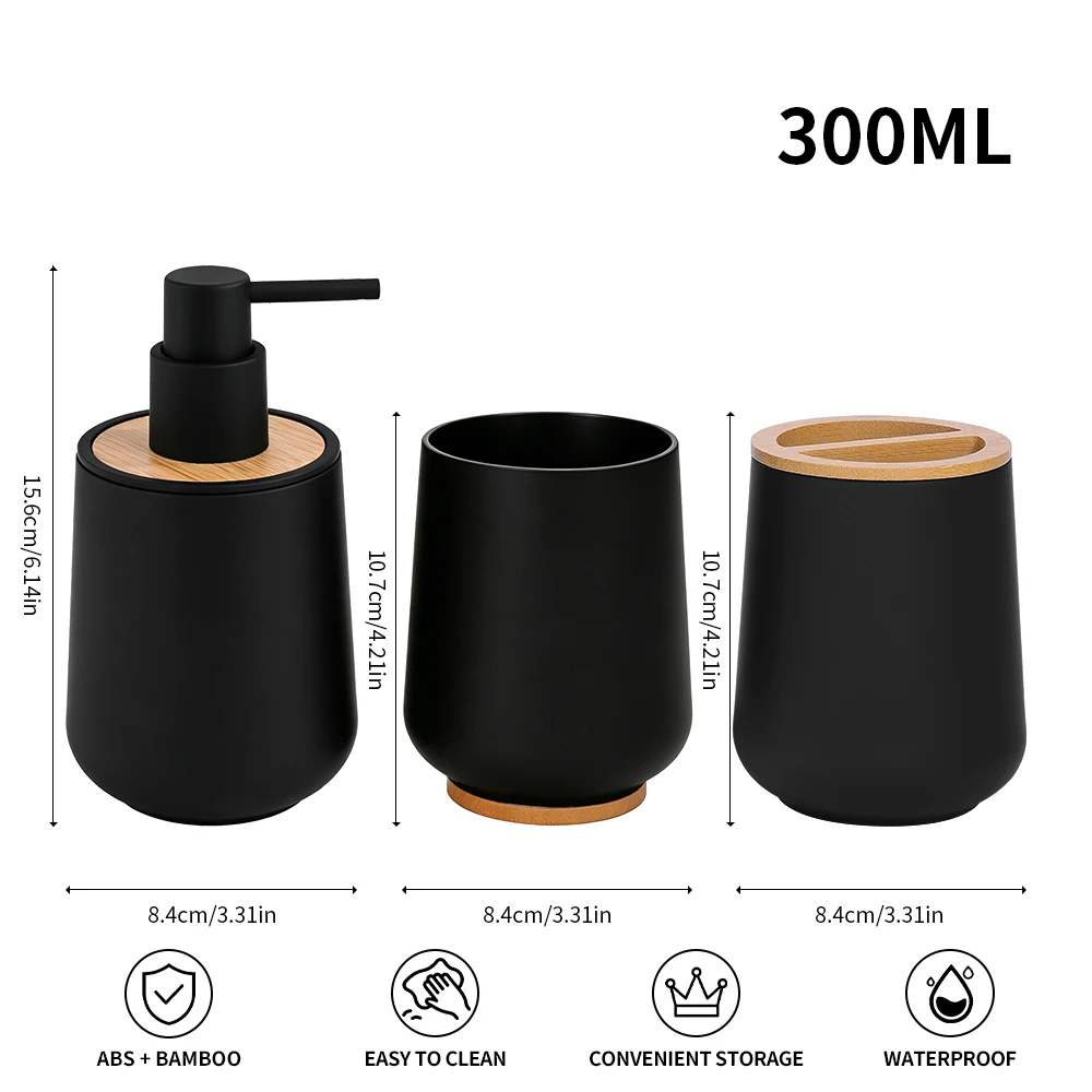 3개/세트 소프트 터치 코팅 욕실용품 세트 300ML ABS 비누 디스펜서 칫솔 홀더 컵 대나무 뚜껑 고급 디자인