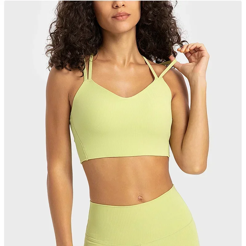 Women Fixed Cup Like a Cloud Ribbed Bra Fitness Workout Crop Tops Strappy V Neck Light Support Smooth Women Sports Yoga Bras